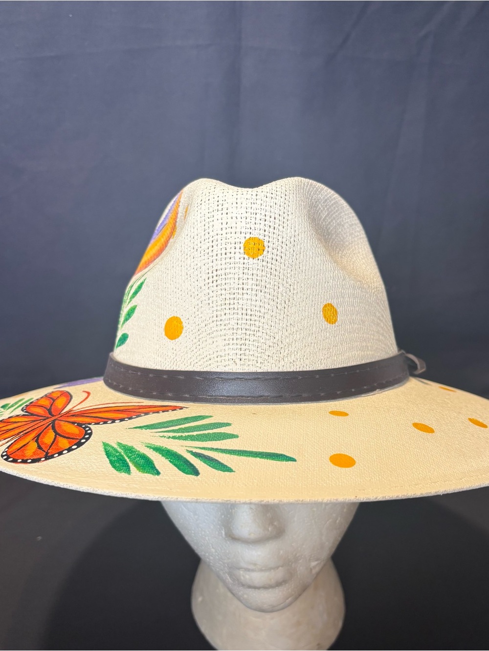 Hand-Painted Ivory Wide-Brim Hat with Orange Butterfly & Multicolor Hummingbird - Picture 3 of 7